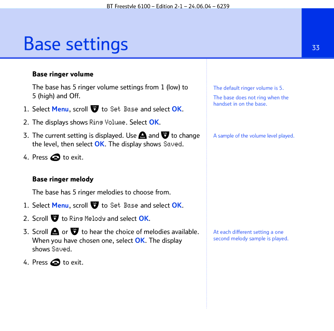 BT Freestyle 6100 manual Base settings, Sample of the volume level played 