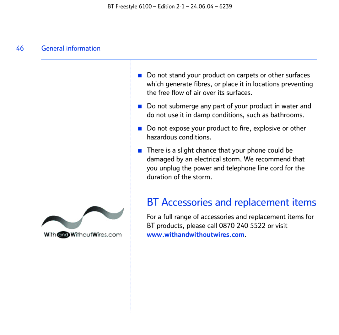 BT Freestyle 6100 manual BT Accessories and replacement items 