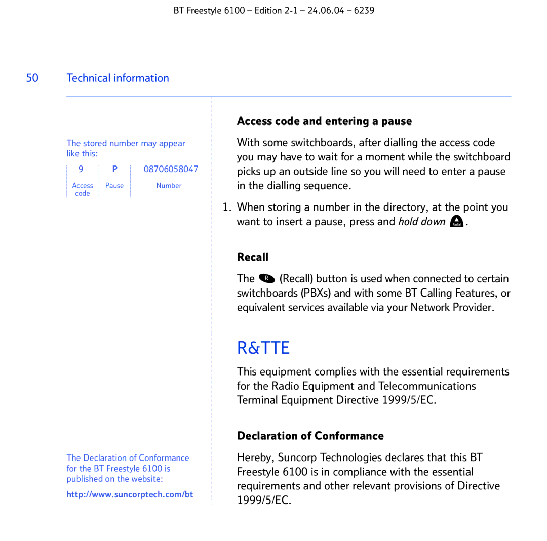 BT Freestyle 6100 manual Tte, Access code and entering a pause 