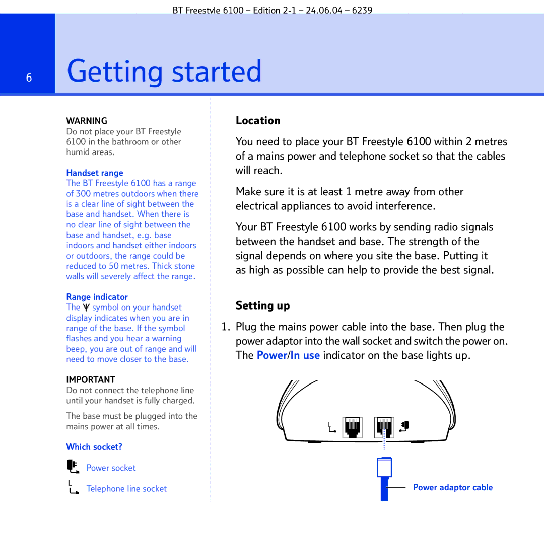 BT Freestyle 6100 manual Getting started, Setting up 