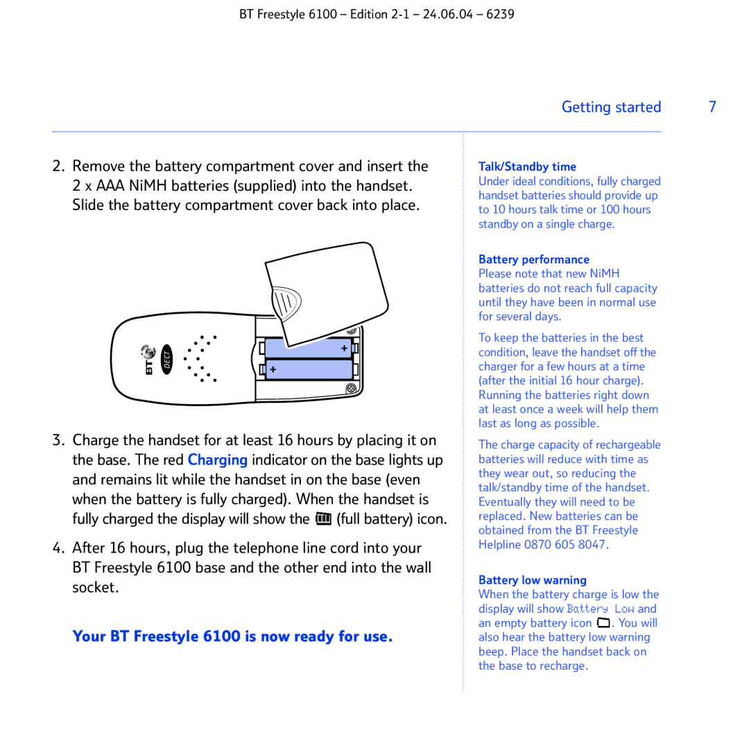 BT Freestyle 6100 manual Talk/Standby time, Battery low warning 