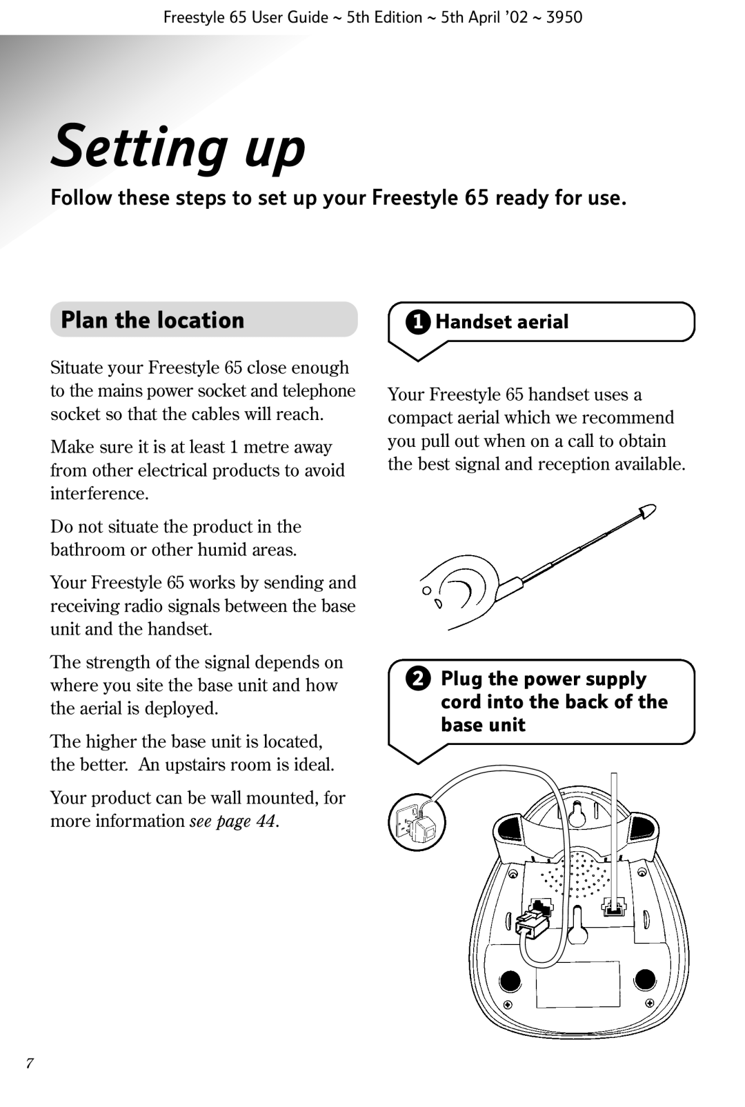 BT Freestyle 65 manual Setting up, Plug the power supply cord into the back of the base unit 