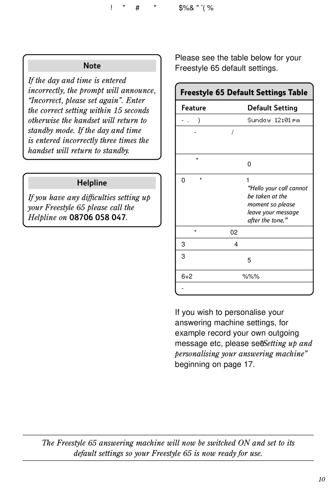 BT manual Helpline, Freestyle 65 Default Settings Table 