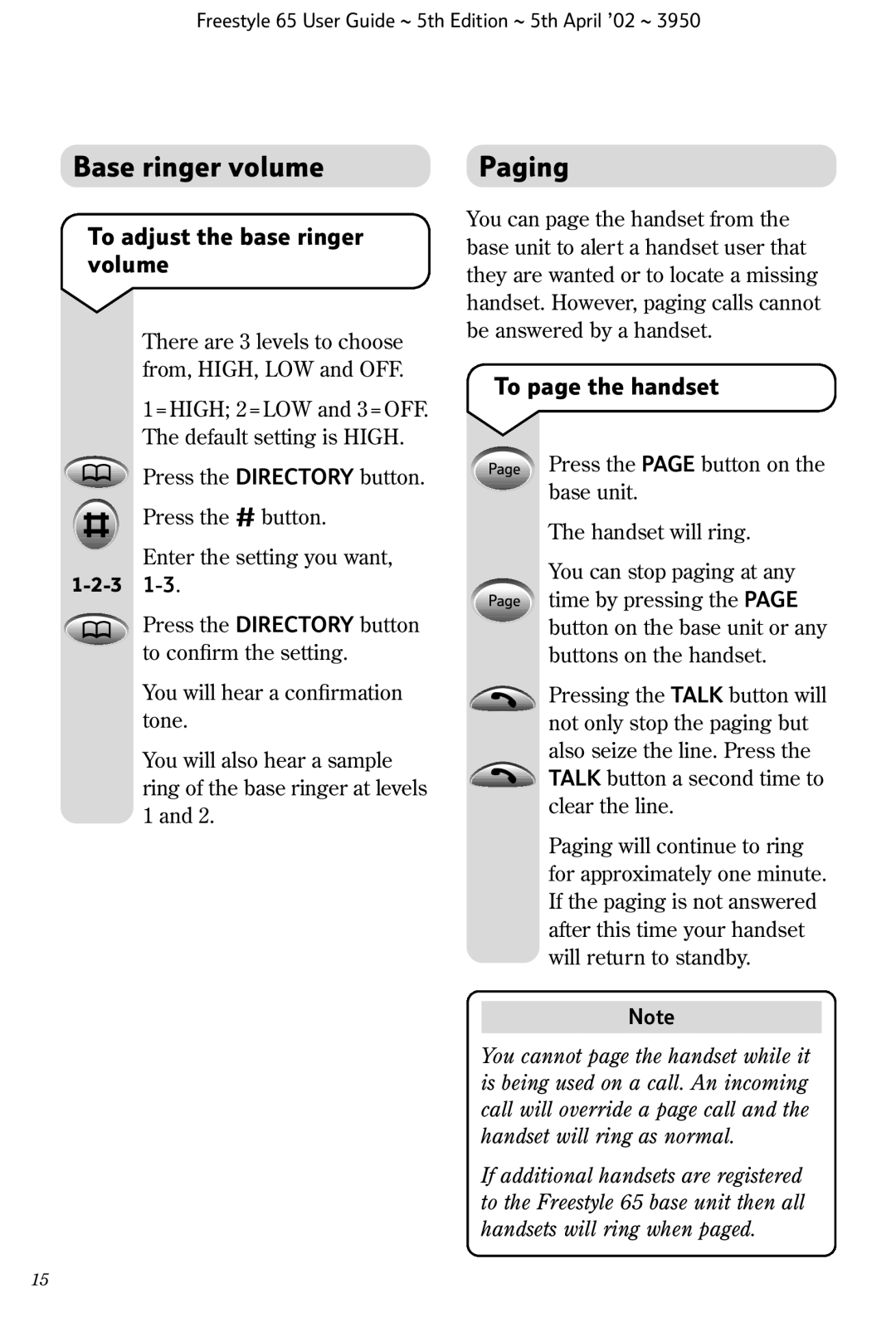 BT Freestyle 65 manual Base ringer volume Paging, To adjust the base ringer volume, To page the handset 