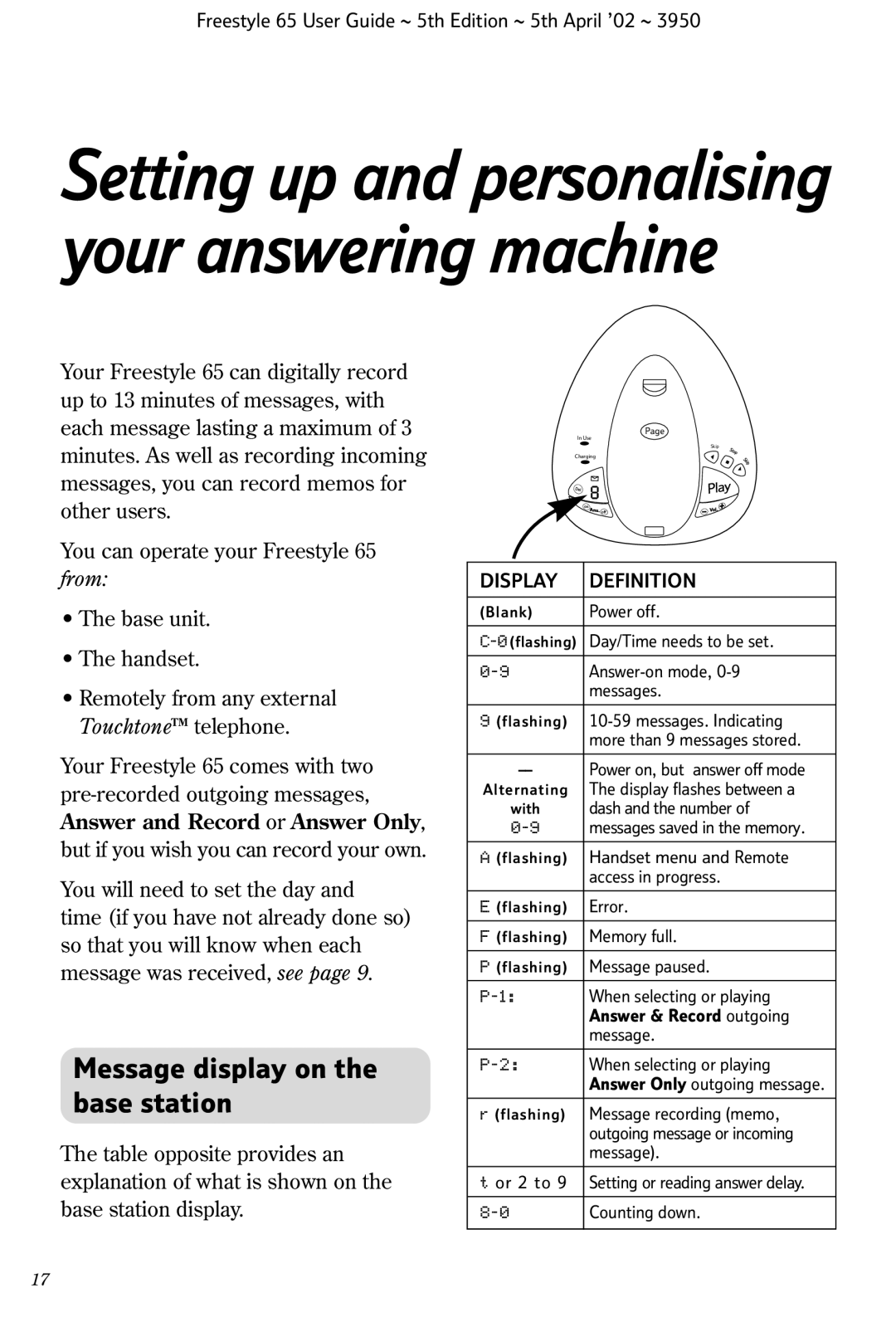 BT Freestyle 65 manual Setting up and personalising your answering machine, Message display on the base station 