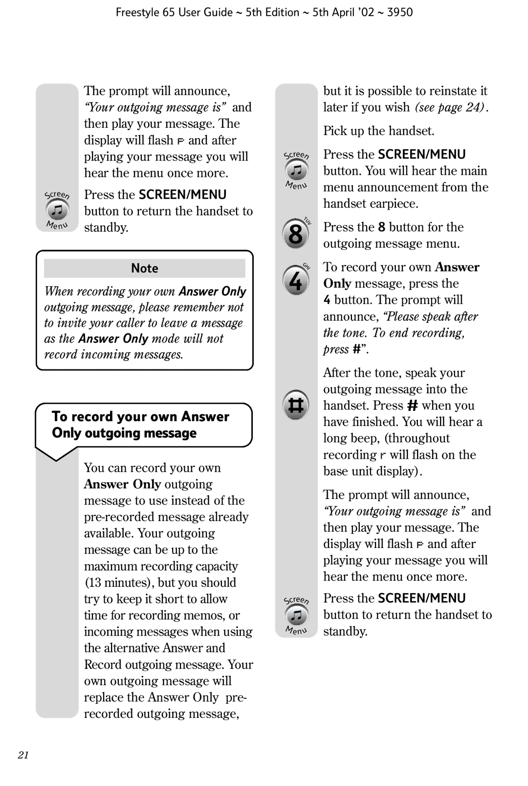 BT Freestyle 65 manual To record your own Answer Only outgoing message 