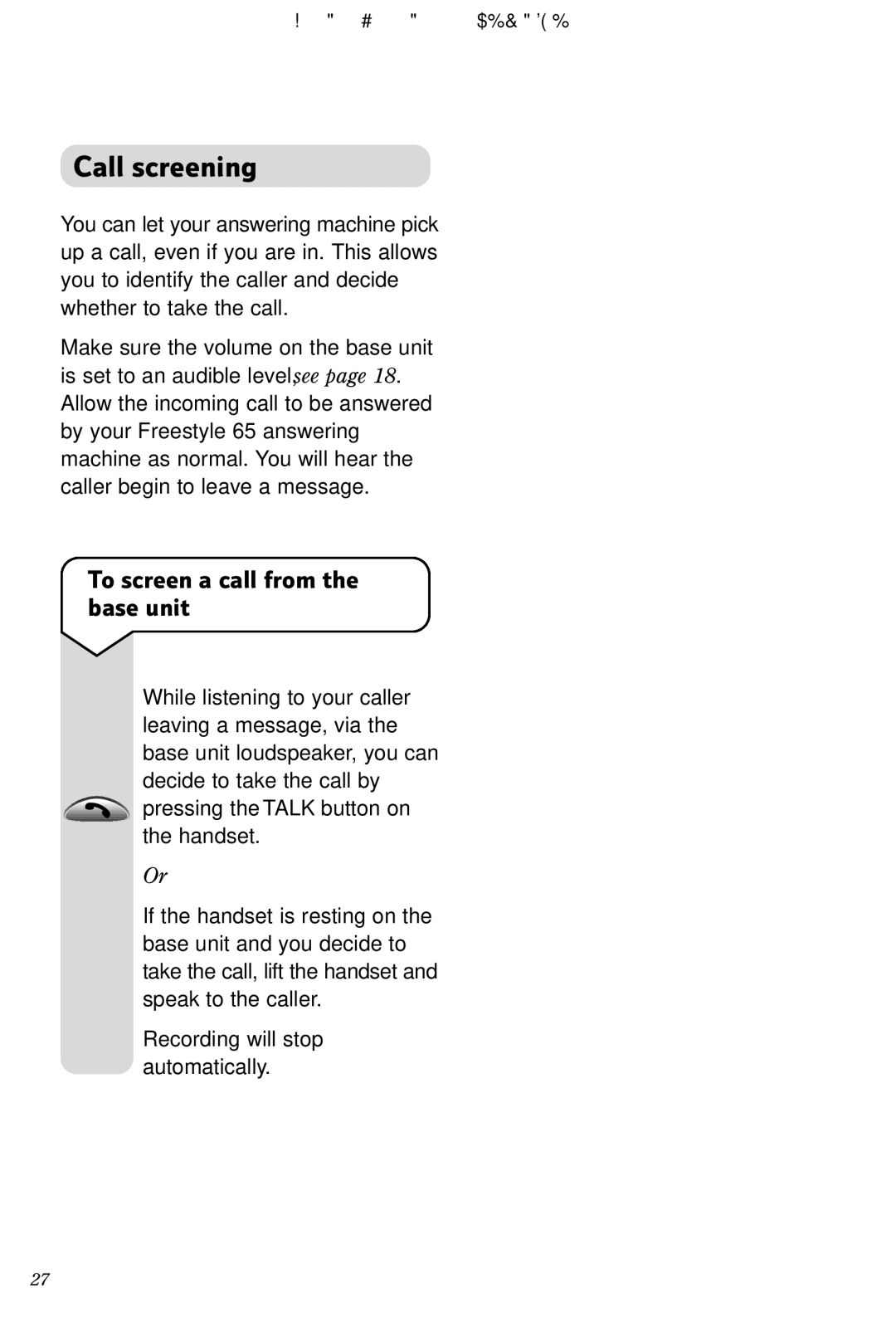 BT Freestyle 65 manual Call screening, To screen a call from the base unit 