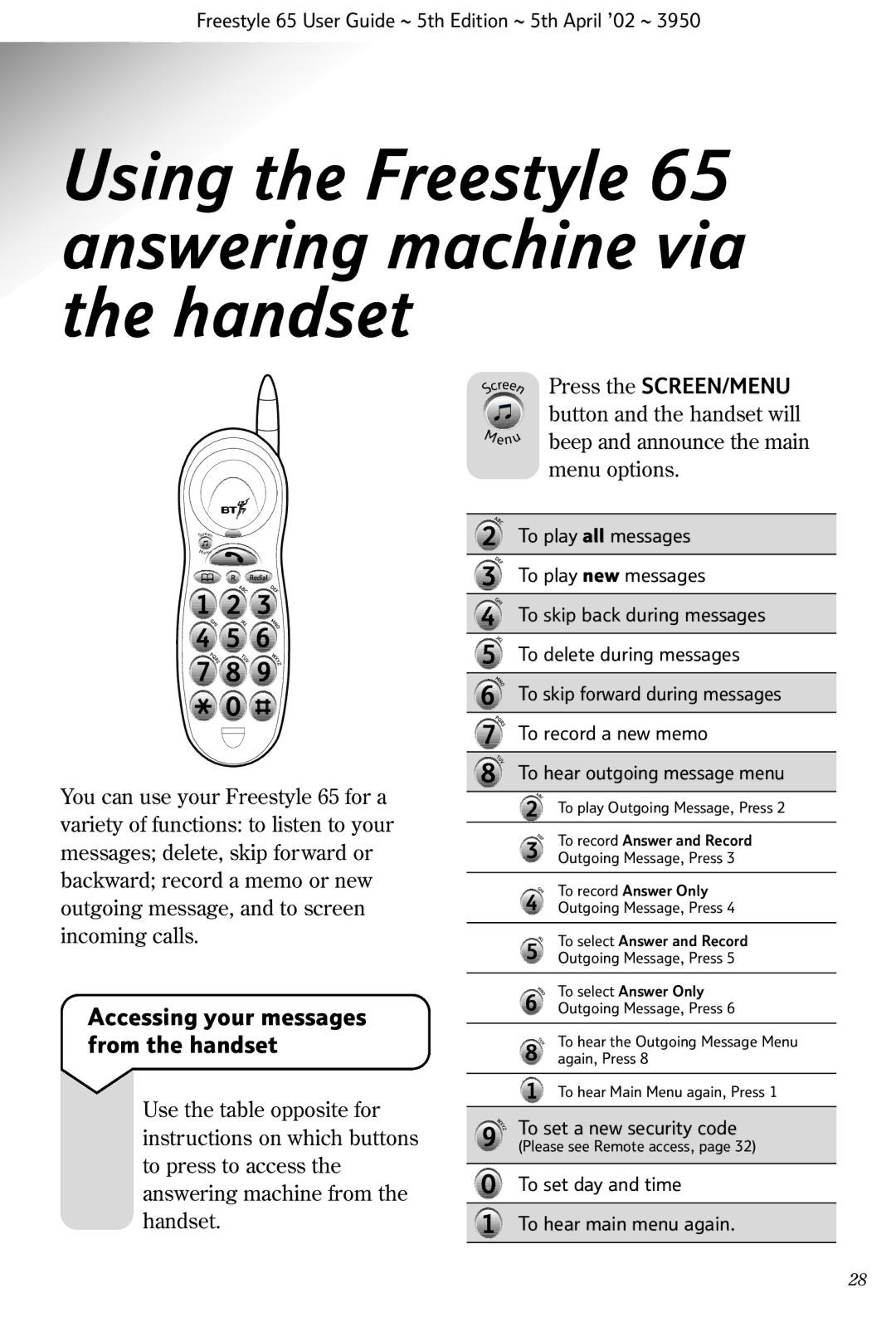 BT manual Using the Freestyle 65 answering machine via the handset, Accessing your messages from the handset 