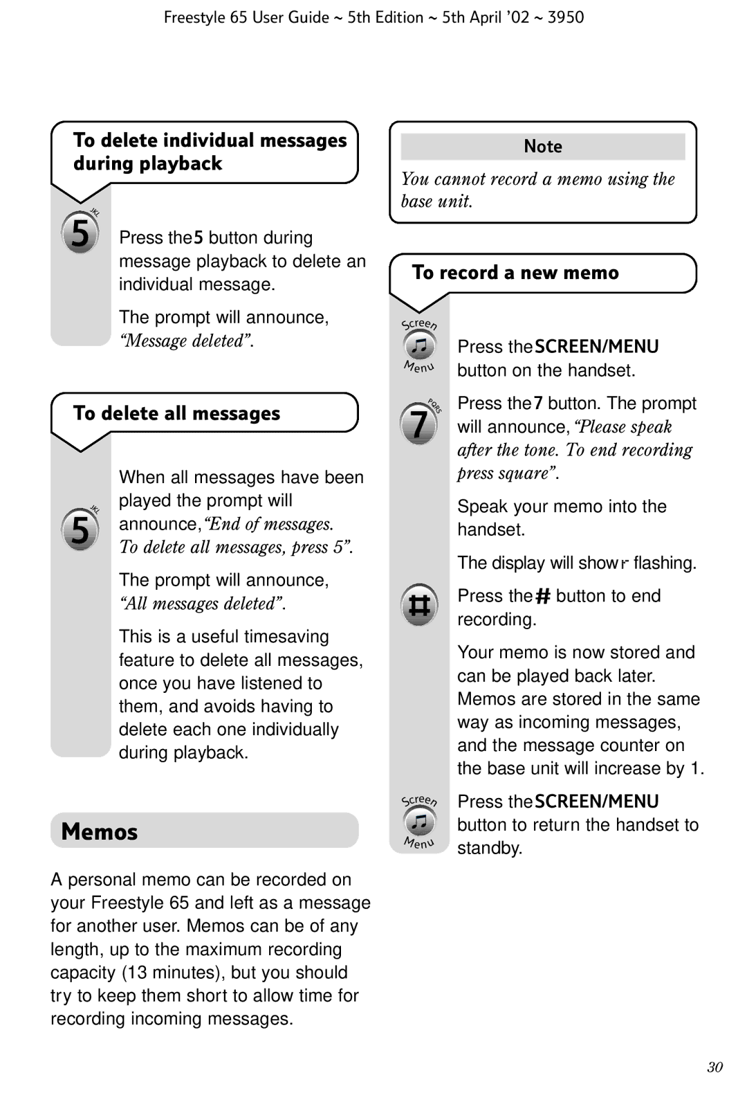 BT Freestyle 65 manual Memos, To delete individual messages during playback, To record a new memo 