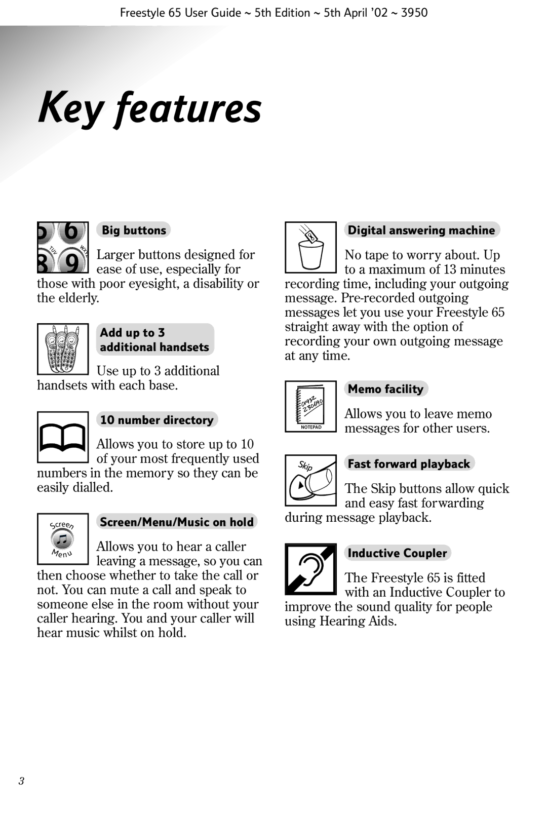 BT Freestyle 65 manual Key features 