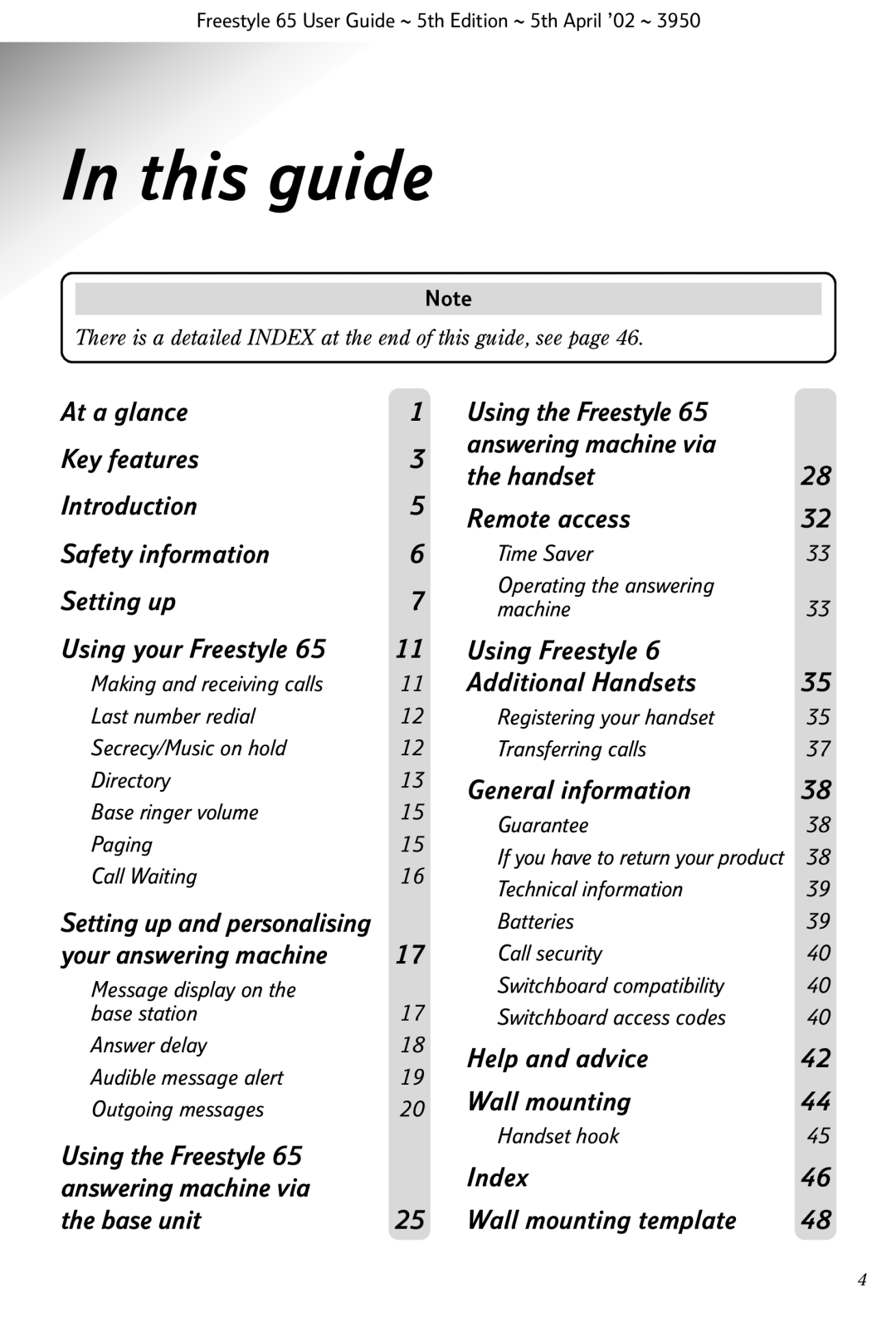 BT Freestyle 65 manual This guide, There is a detailed Index at the end of this guide, see 