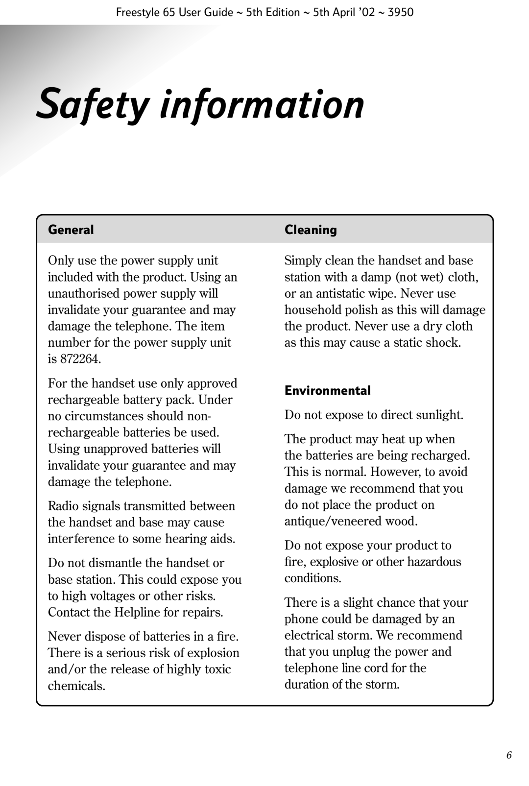 BT Freestyle 65 manual Safety information, General, Cleaning, Environmental 