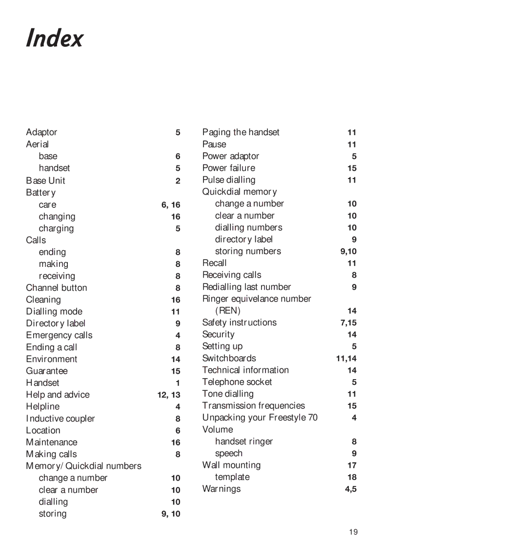 BT Freestyle 70 manual Index, 11,14 