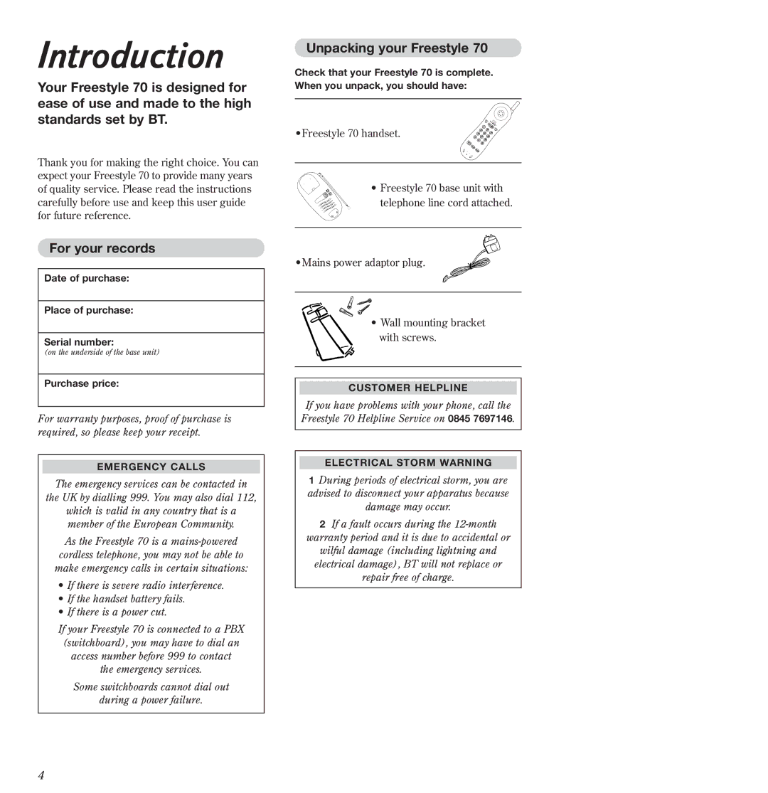 BT Freestyle 70 manual Introduction, For your records, Unpacking your Freestyle 