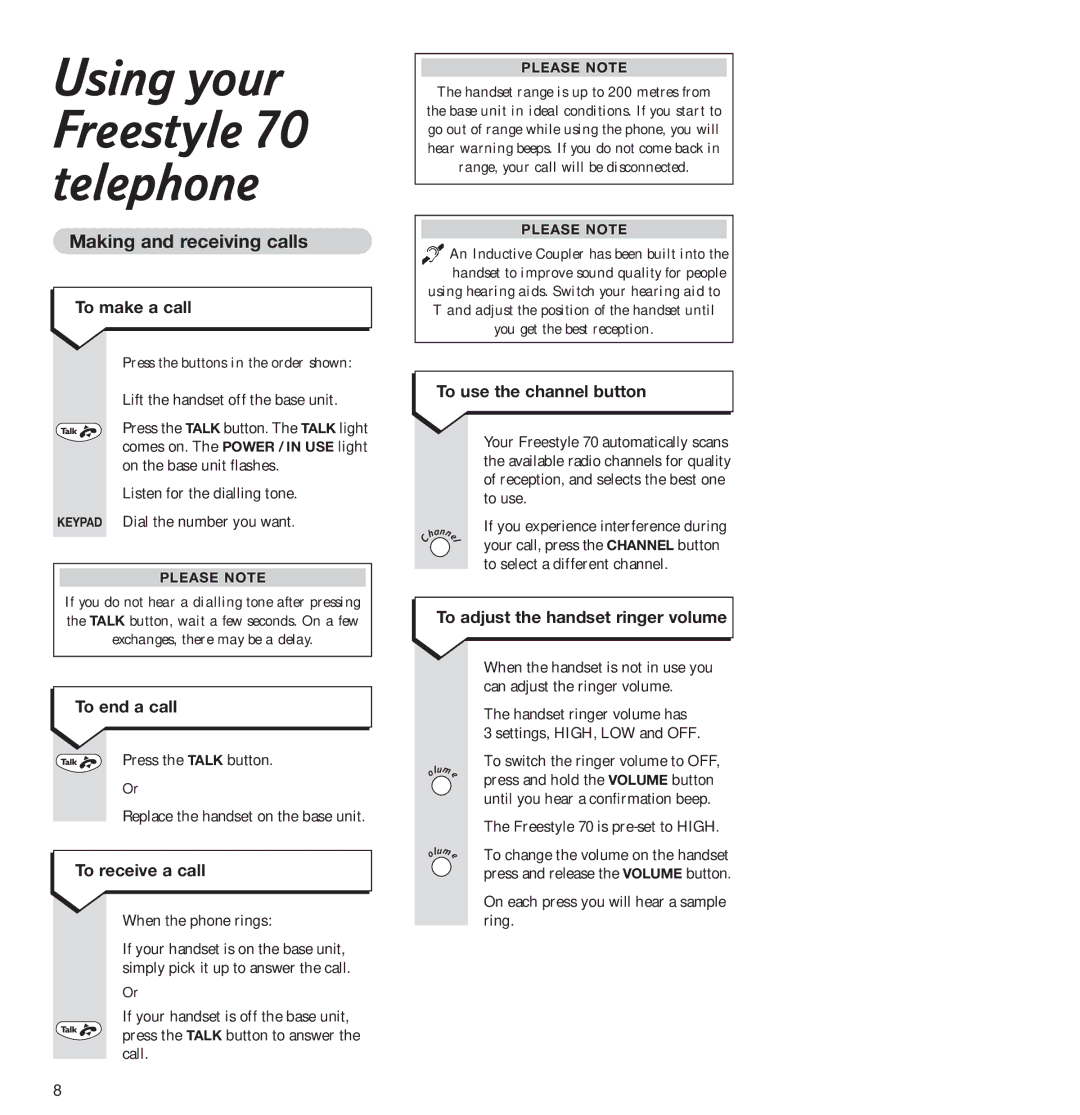 BT Freestyle 70 manual Making and receiving calls 