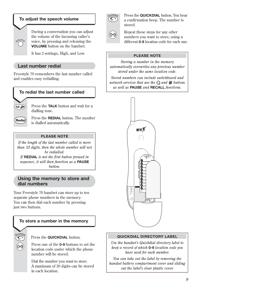 BT Freestyle 70 manual Last number redial, Using the memory to store and dial numbers, To adjust the speech volume 