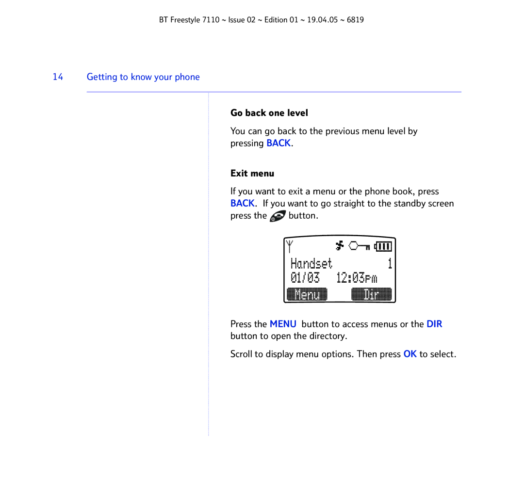 BT FREESTYLE 7110 manual Menu Dir 