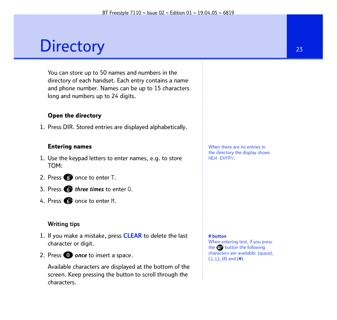 BT FREESTYLE 7110 manual Directory23, Once to enter T, Once to enter M 