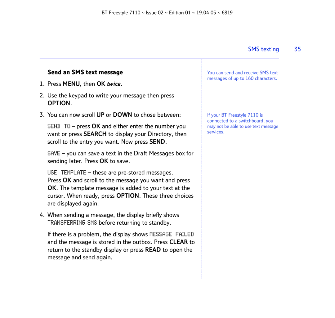 BT FREESTYLE 7110 manual Send an SMS text message, You can now scroll UP or Down to chose between 