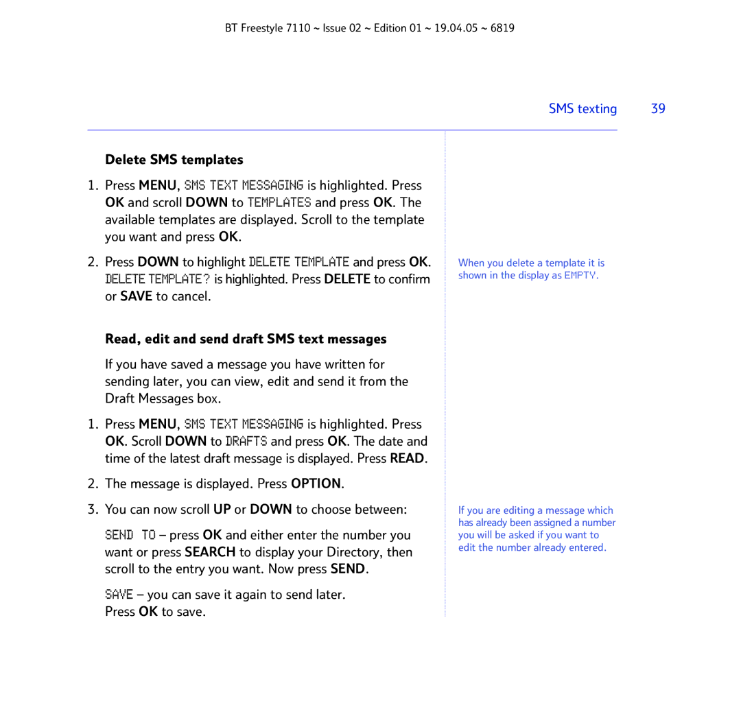 BT FREESTYLE 7110 manual Delete SMS templates, Save you can save it again to send later Press OK to save 