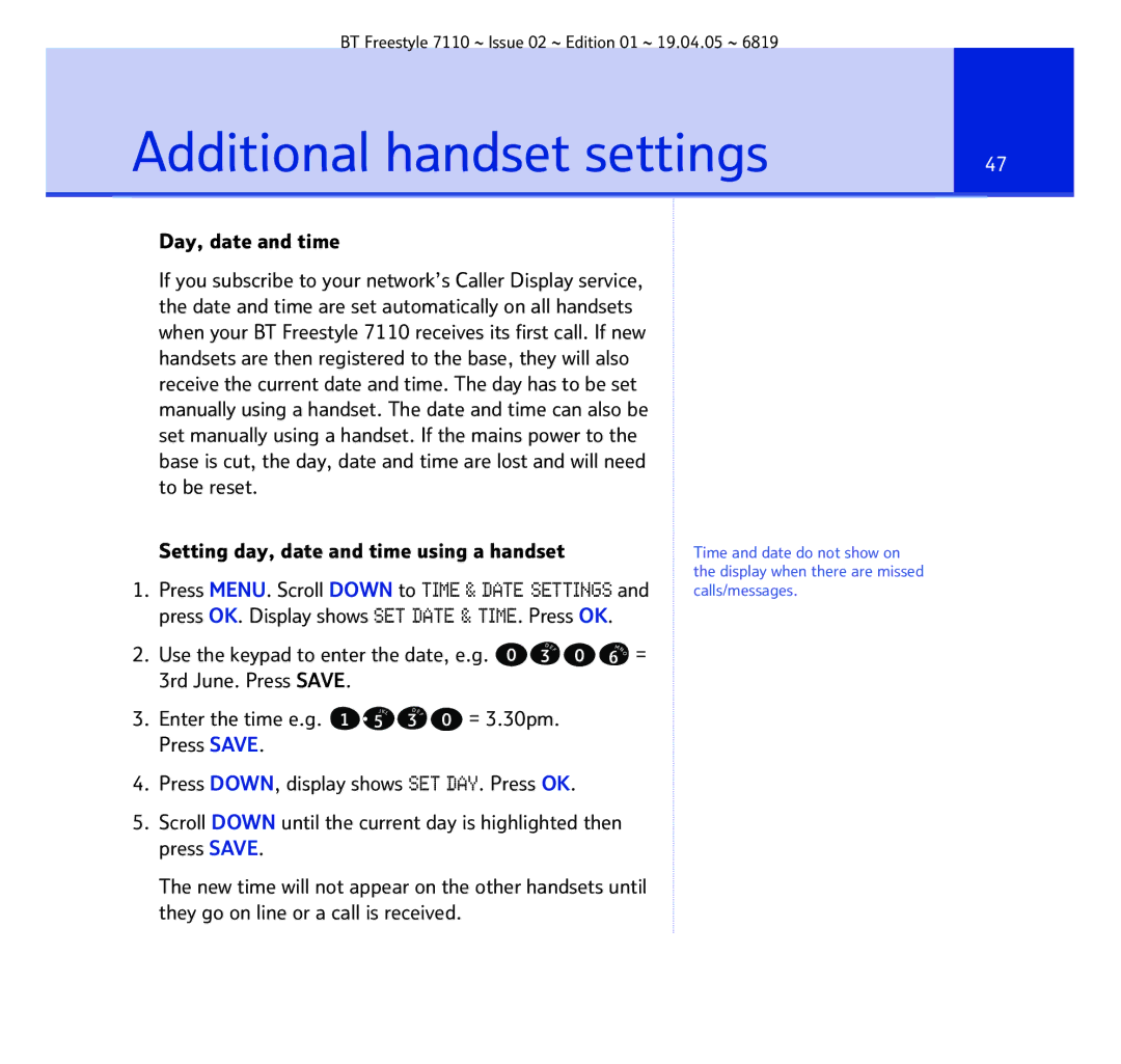 BT FREESTYLE 7110 manual Additional handset settings, Setting day, date and time using a handset 