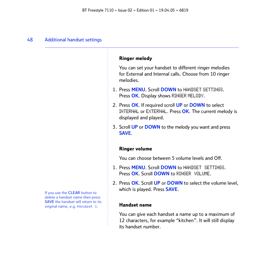 BT FREESTYLE 7110 manual Additional handset settings, Ringer melody 
