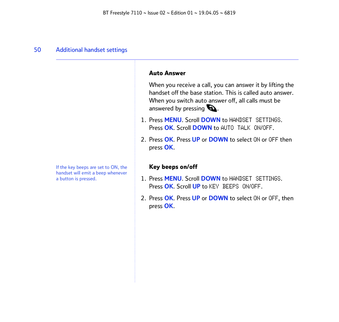 BT FREESTYLE 7110 manual Auto Answer 