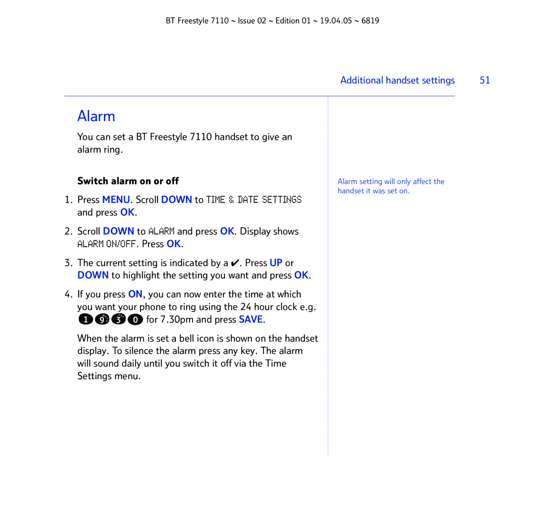 BT FREESTYLE 7110 manual Alarm ON/OFF. Press OK 