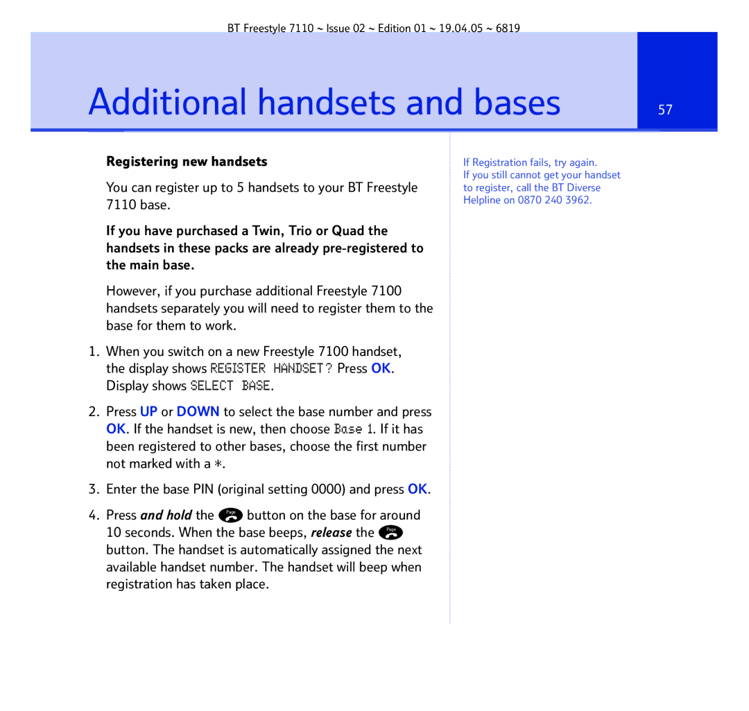 BT FREESTYLE 7110 manual Additional handsets and bases, If Registration fails, try again 