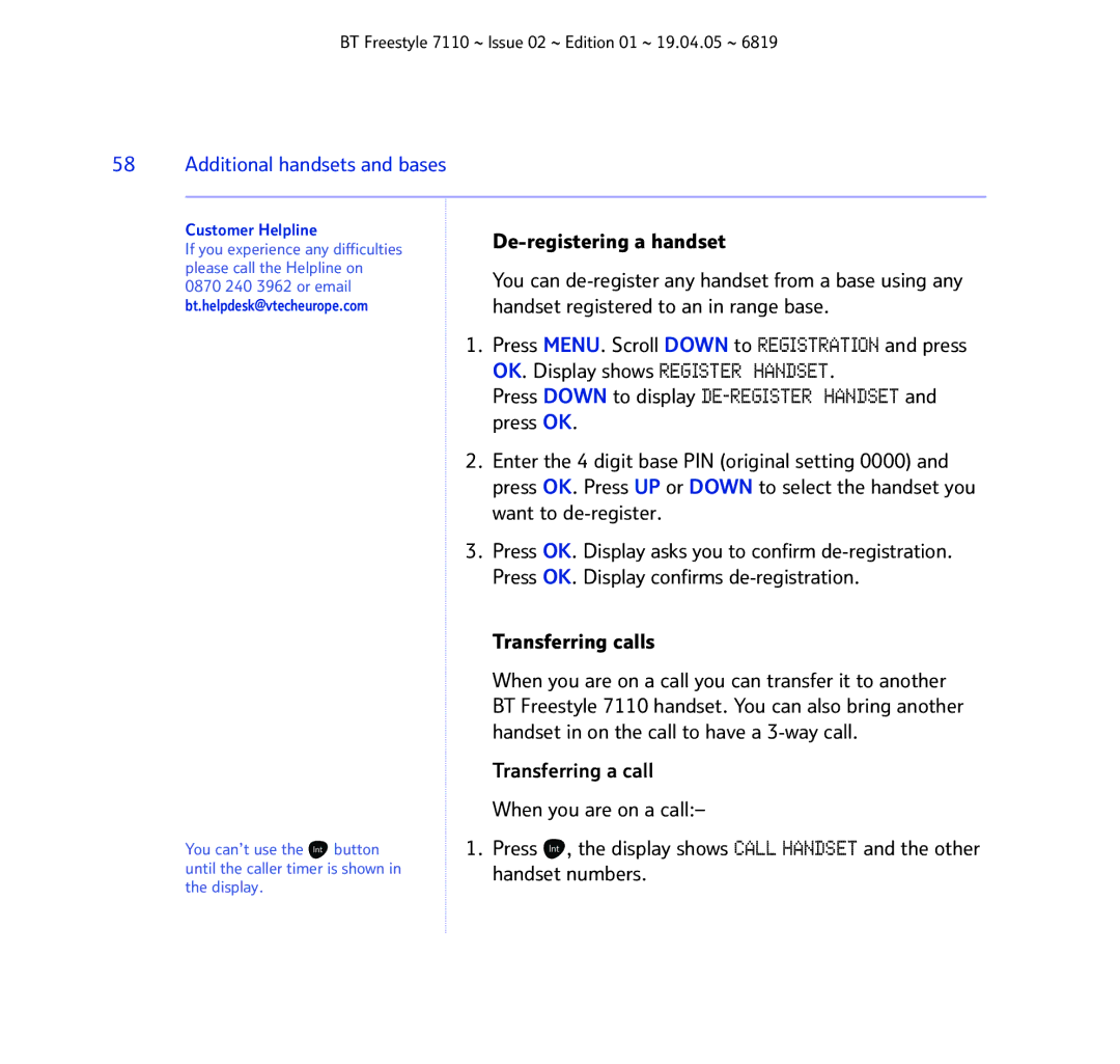 BT FREESTYLE 7110 manual De-registering a handset, Transferring calls 