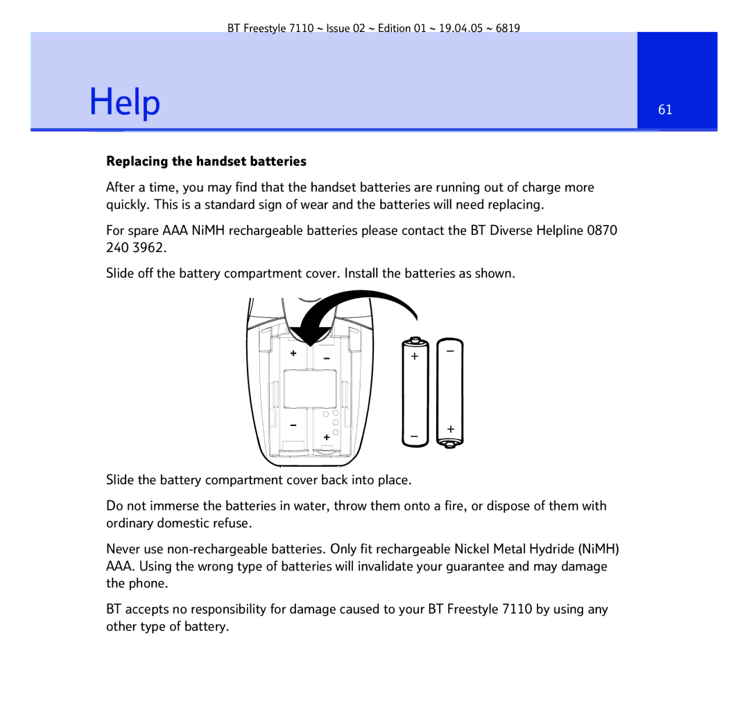 BT FREESTYLE 7110 manual Help61, Replacing the handset batteries 