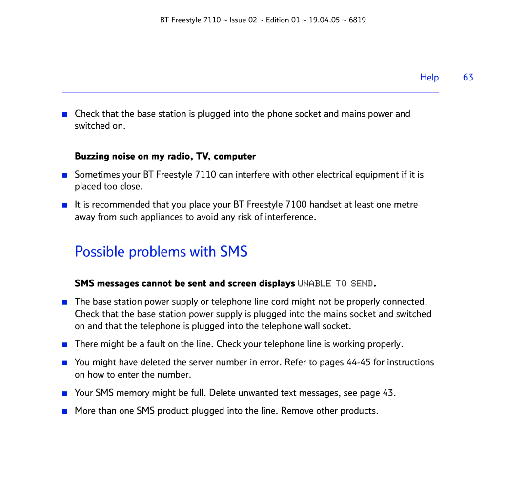 BT FREESTYLE 7110 manual Possible problems with SMS 