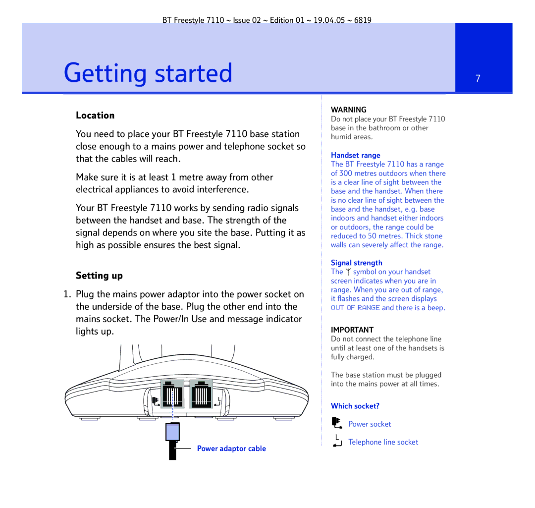 BT FREESTYLE 7110 manual Getting started, Handset range 