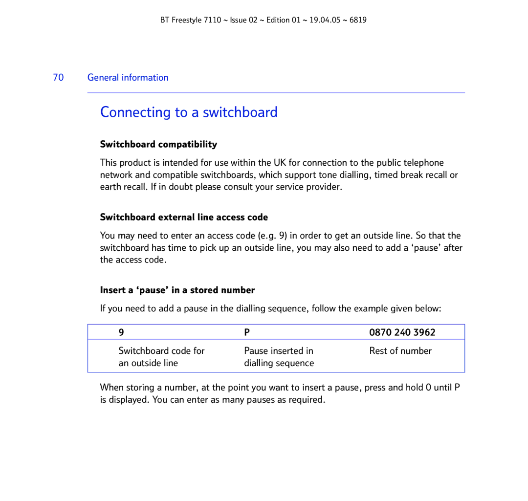 BT FREESTYLE 7110 manual Connecting to a switchboard, Switchboard compatibility 