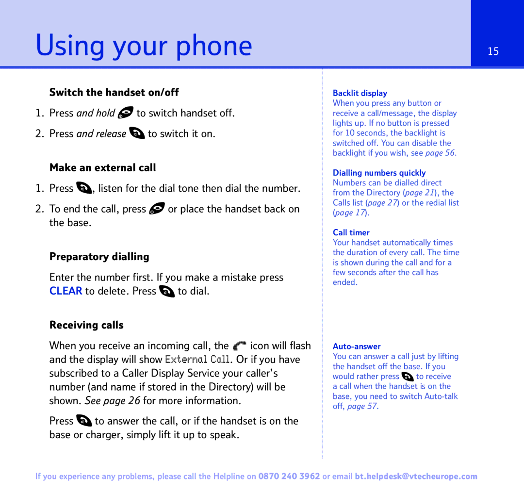 BT FREESTYLE 7150 manual Using your phone, Backlit display, Auto-answer 