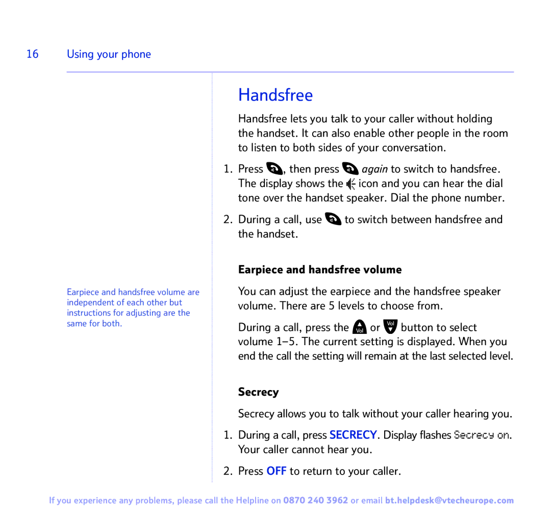 BT FREESTYLE 7150 manual Handsfree, Press , then press again to switch to handsfree, Secrecy 