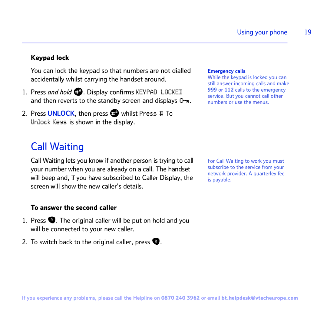 BT FREESTYLE 7150 manual Call Waiting, Keypad lock, Emergency calls 