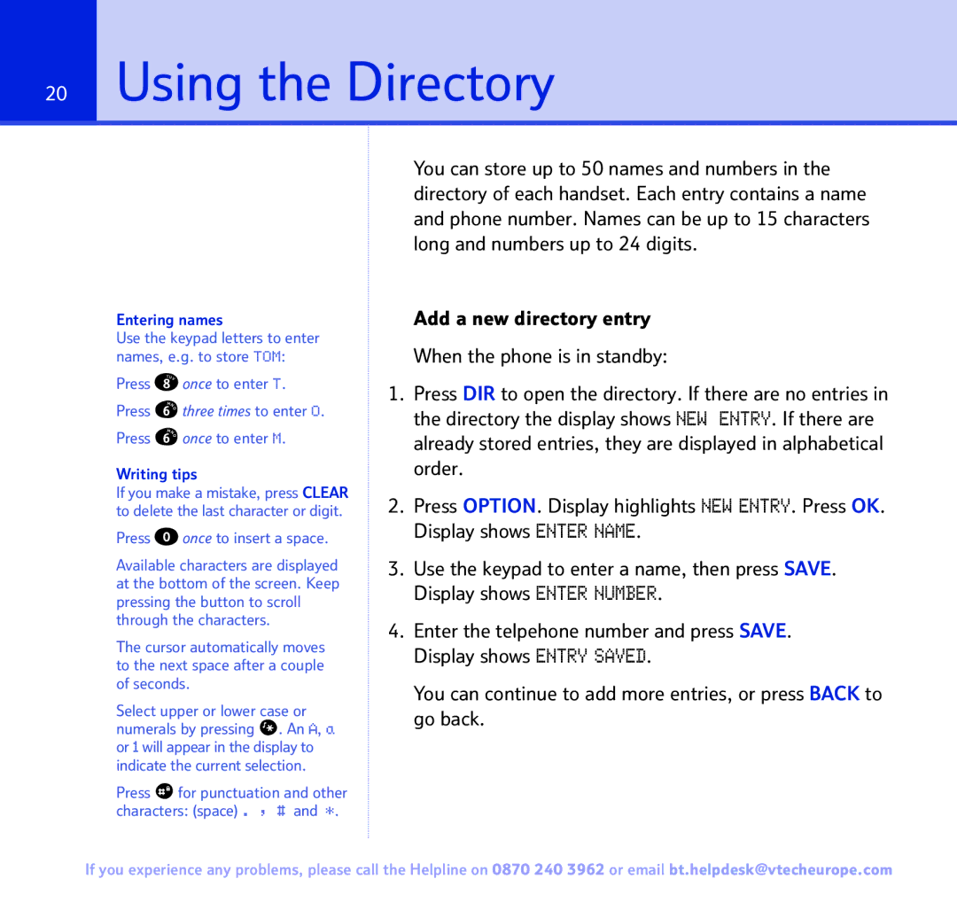 BT FREESTYLE 7150 manual Using the Directory, Entering names, Writing tips 