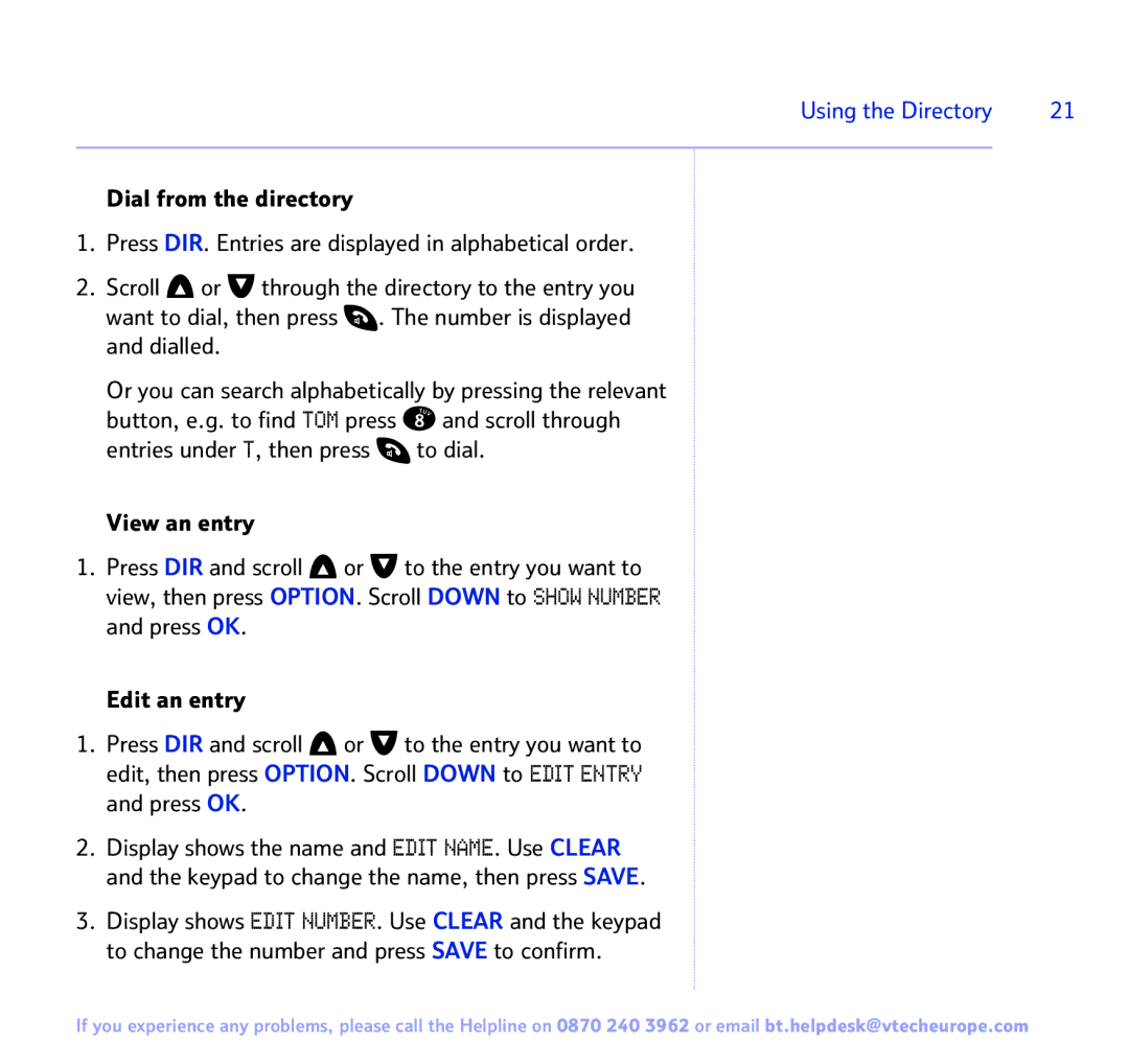 BT FREESTYLE 7150 manual Using the Directory 