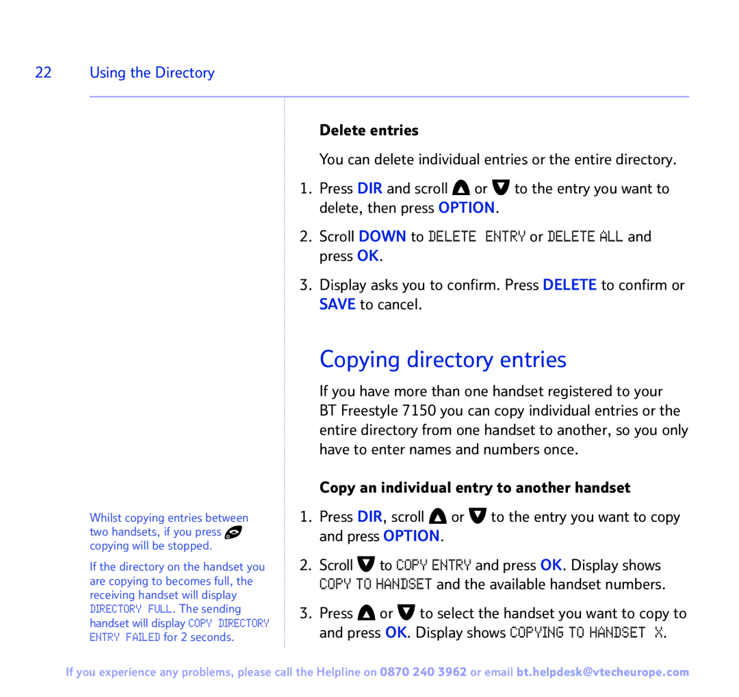 BT FREESTYLE 7150 manual Copying directory entries 