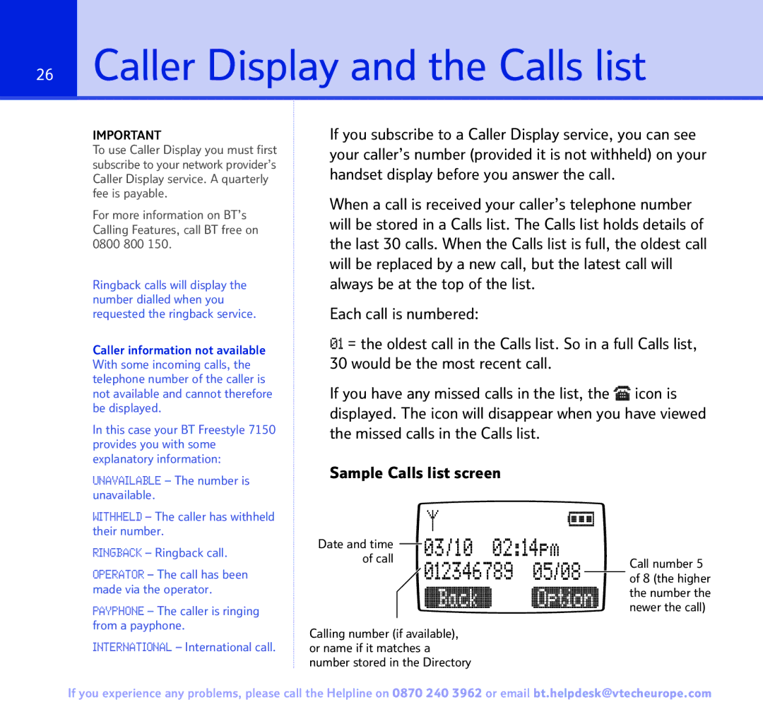 BT FREESTYLE 7150 manual Caller Display and the Calls list, Back Option 