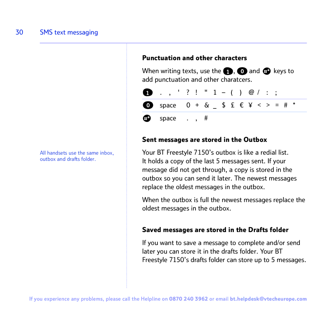 BT FREESTYLE 7150 manual All handsets use the same inbox, outbox and drafts folder 