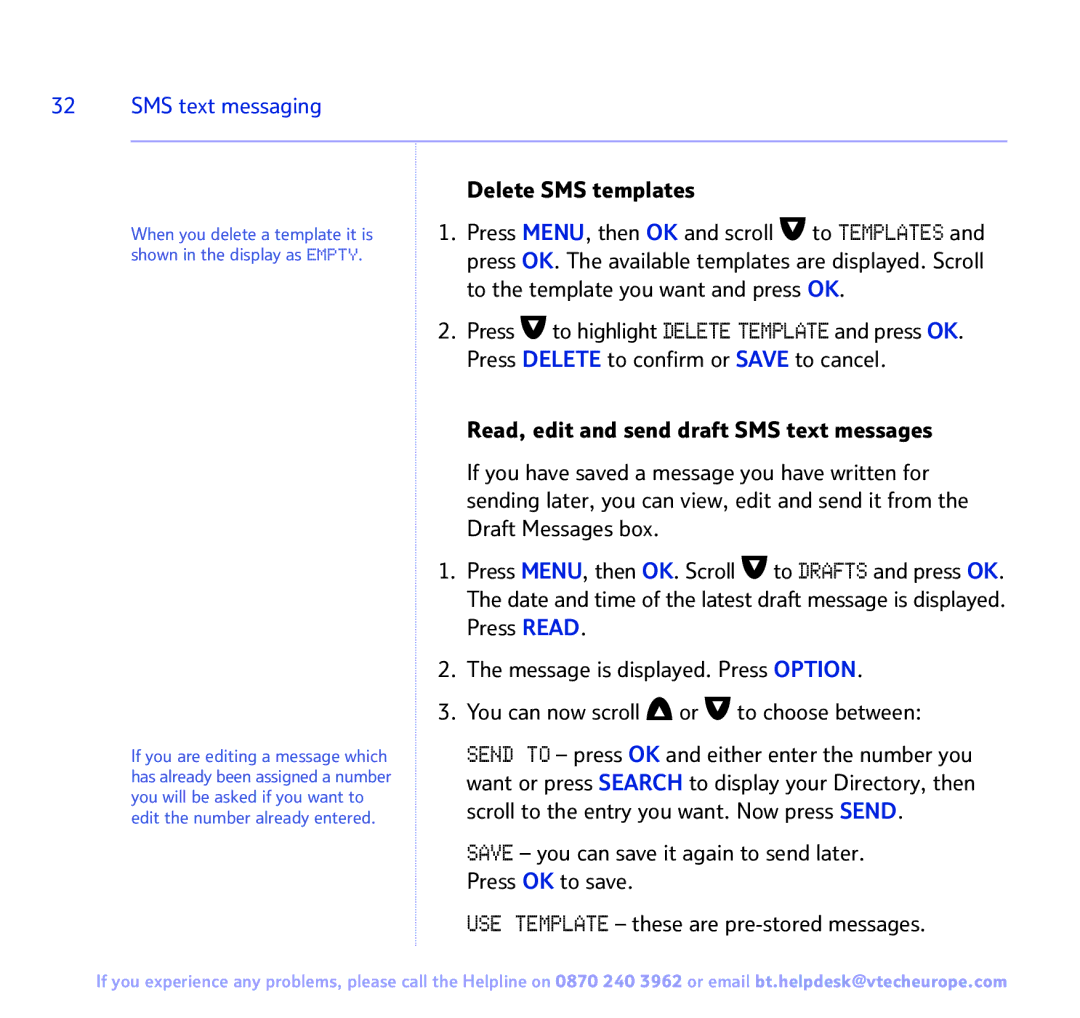 BT FREESTYLE 7150 manual Delete SMS templates 