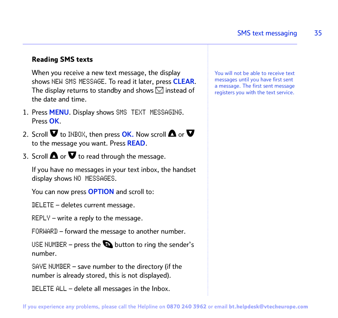 BT FREESTYLE 7150 manual Reading SMS texts, Delete ALL delete all messages in the Inbox 