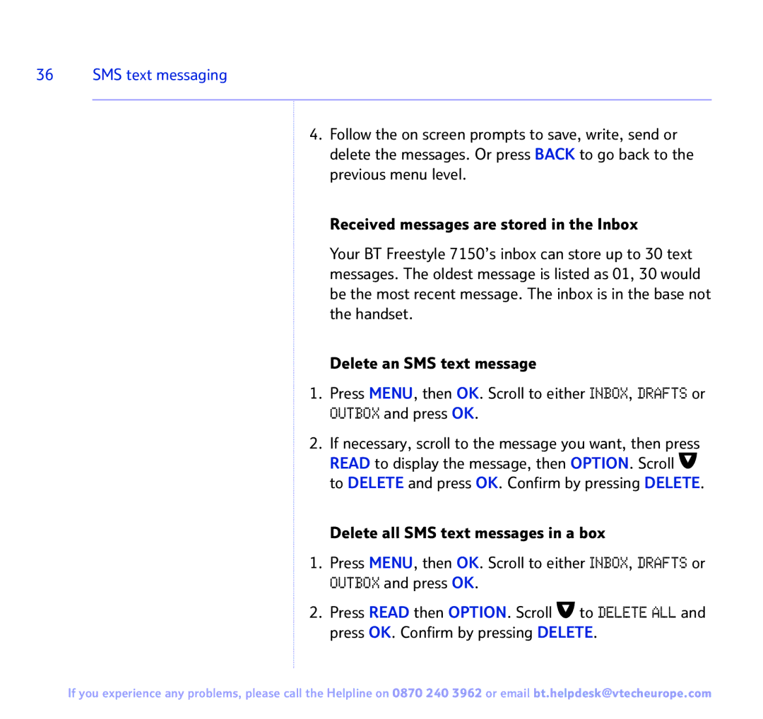 BT FREESTYLE 7150 manual SMS text messaging 