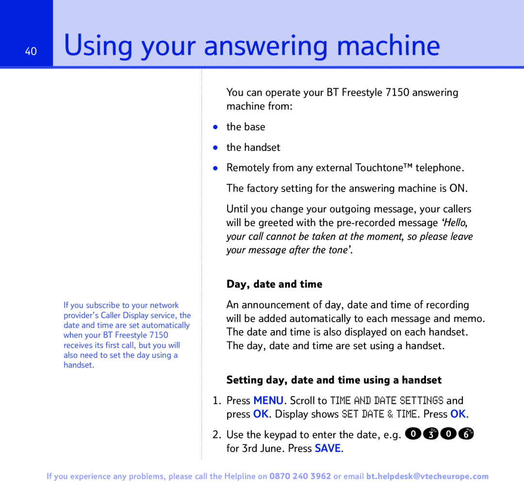 BT FREESTYLE 7150 manual Using your answering machine, Setting day, date and time using a handset 