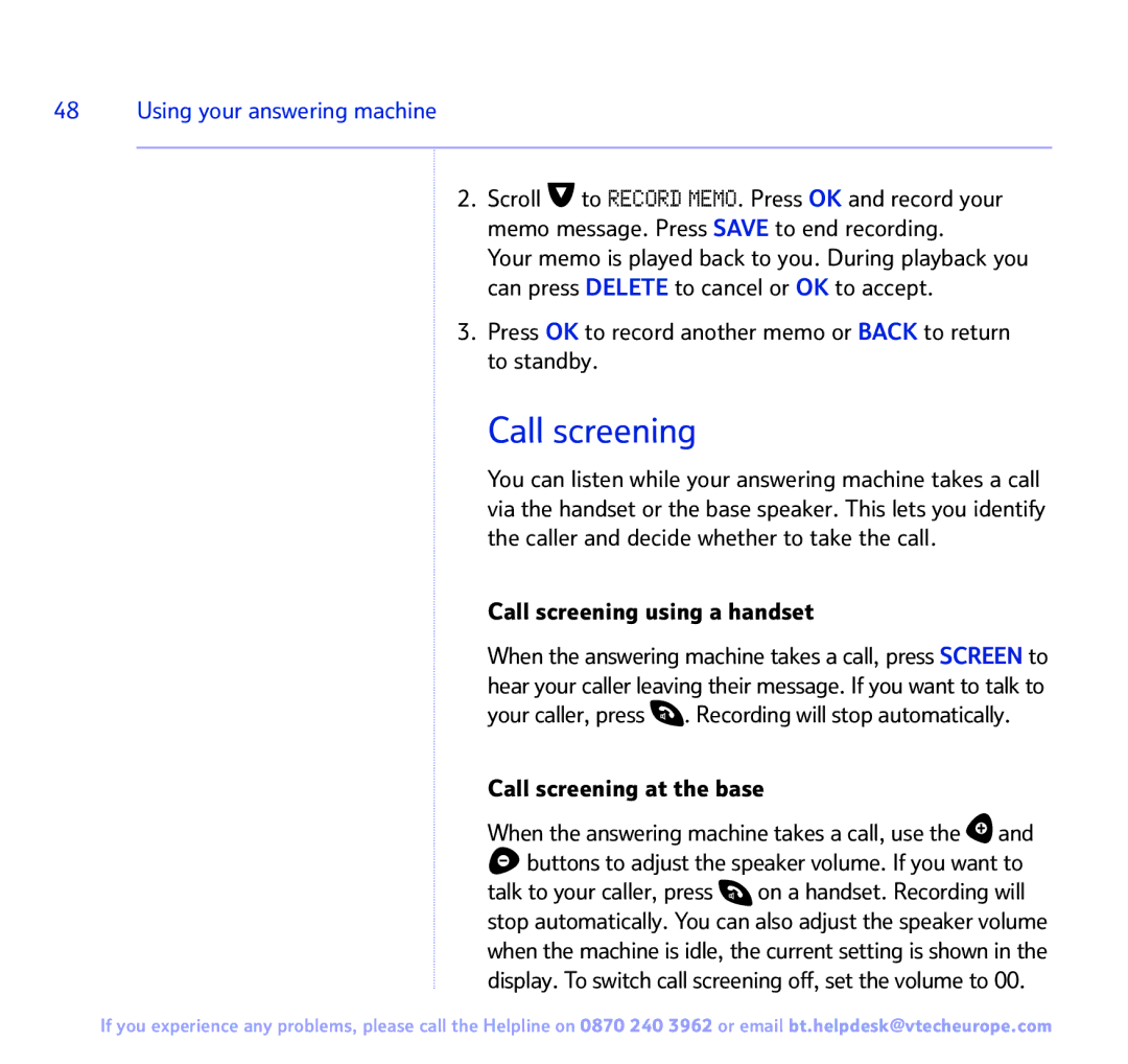 BT FREESTYLE 7150 manual Call screening using a handset, Call screening at the base 