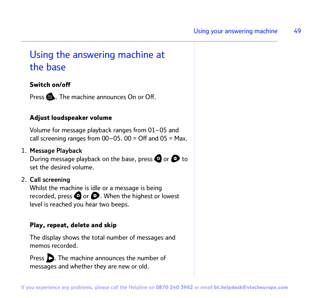 BT FREESTYLE 7150 manual Using the answering machine at the base 