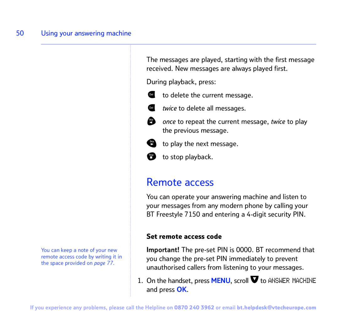 BT FREESTYLE 7150 manual Remote access, Set remote access code 