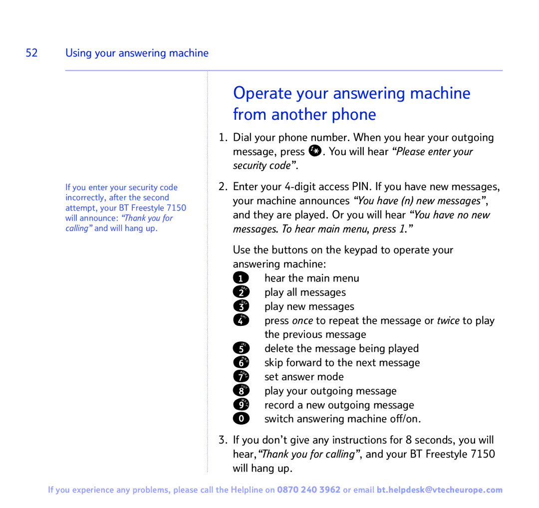 BT FREESTYLE 7150 manual Operate your answering machine from another phone 